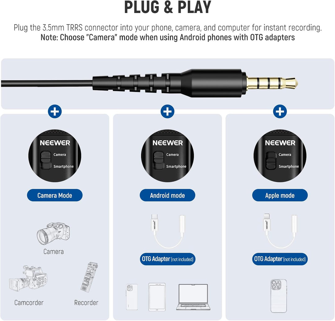 NEEWER 3,5mm TRRS Lavaliermikrofon, Plug & Play, Mini Kugelcharakteristik Kondensatormikrofon für Ka