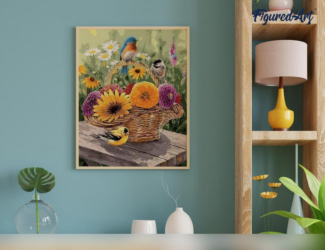 Figured'Art Malen Nach Zahlen Erwachsene Mit Rahmen Blumen im Korb und Vögeln - Paint by Numbers Bas