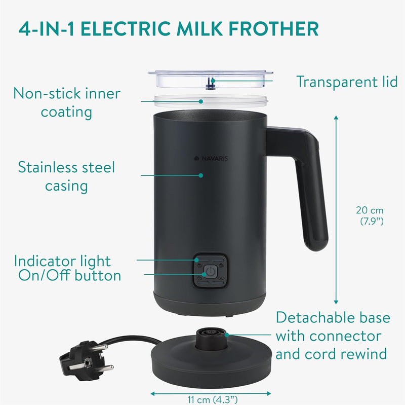 Navaris Elektrischer Milchaufschäumer 4 in 1 - Mit 2 Rührbesen - Automatische Abschaltung - Milchsch