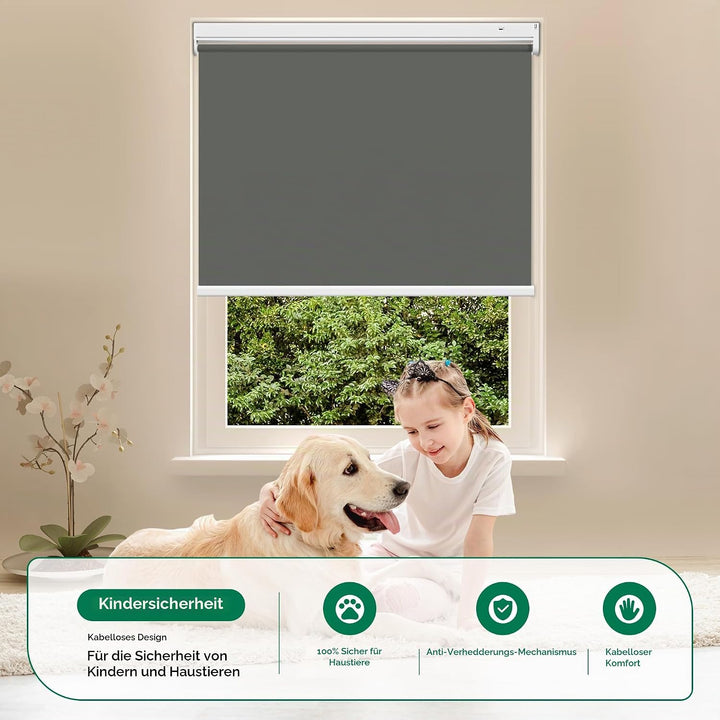 Allesin Wiederaufladbare Verdunklungsrollo ohne Bohren, (45x100cm,Anthrazit) Elektrische Rollo Innen