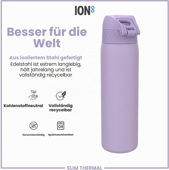ION8 Vakuumisolierte Edelstahl-Trinkflasche, 500 ml, Auslaufsicher, Einhandöffnung, Sichere Verriege