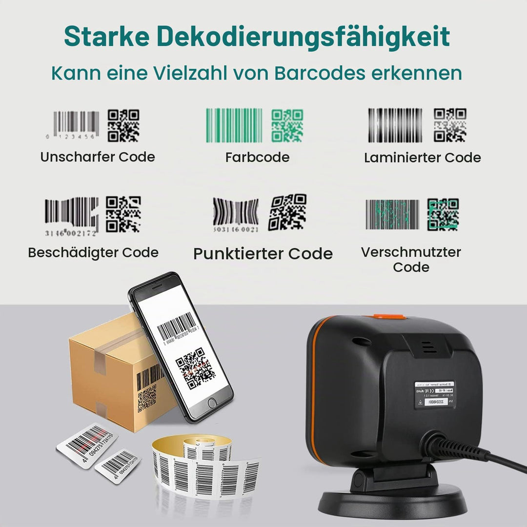 OBZ 1D 2D Desktop Barcode Scanner, QR Code Scanner USB Wired Hands-Free Barcode-Scanner Kassen Scann