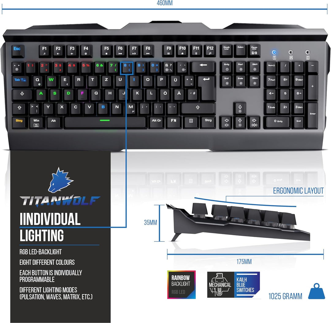 Titanwolf - mechanische Gaming Tastatur -LED Mechanical Keyboard - Anti Ghosting - QWERTZ Layout DE