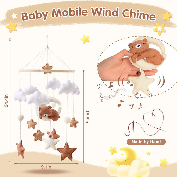 Mobile Babybett, Mobile Baby Windspiele mit 3D Bär Mond Wolken Sterne Glocke, Kinderzimmer Hängende