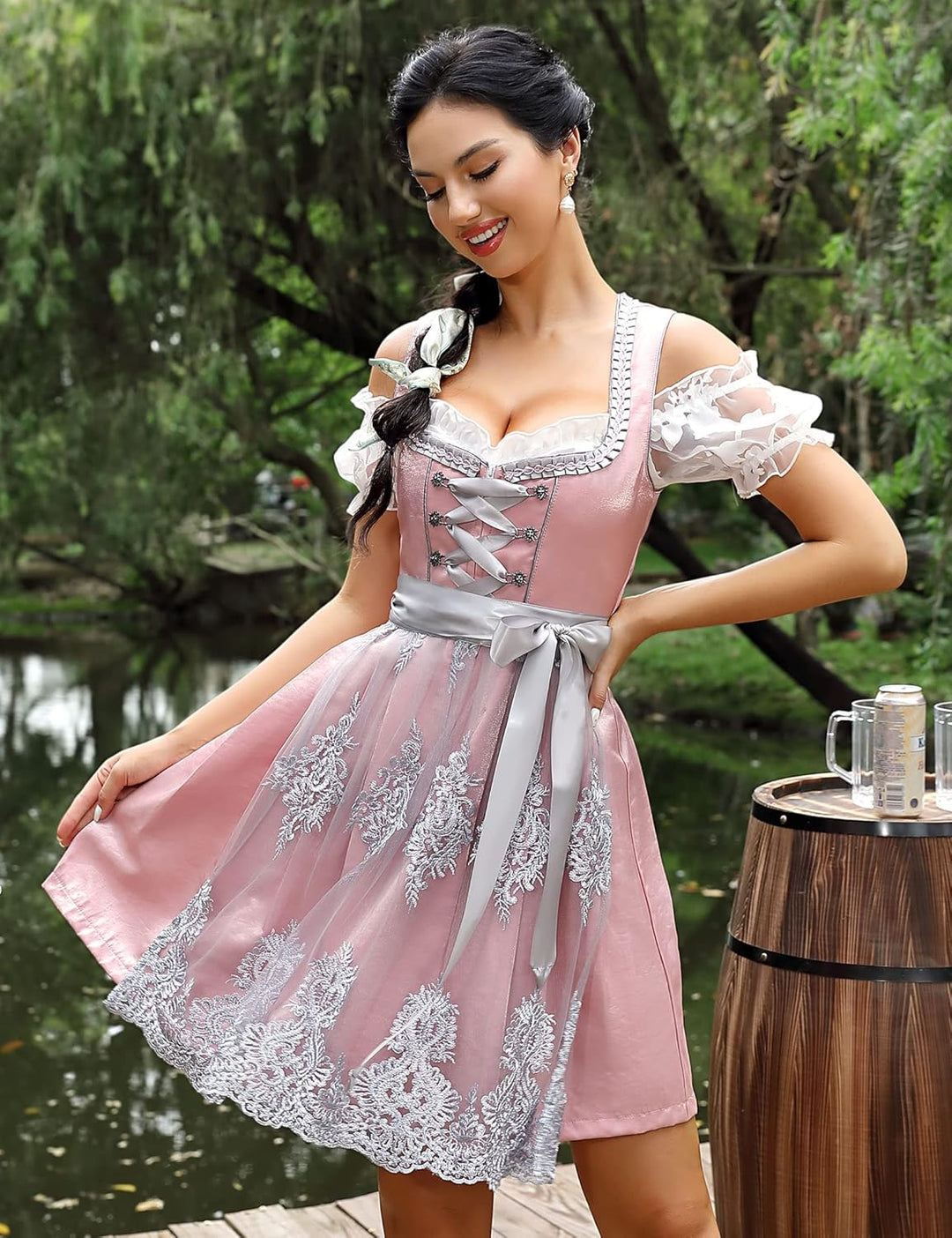 KOJOOIN Damen Dirndl Trachtenkleid Kurz Set 3tlg. für Oktoberfest inkl. Dirndl Kleid,Dirndlschürze,D