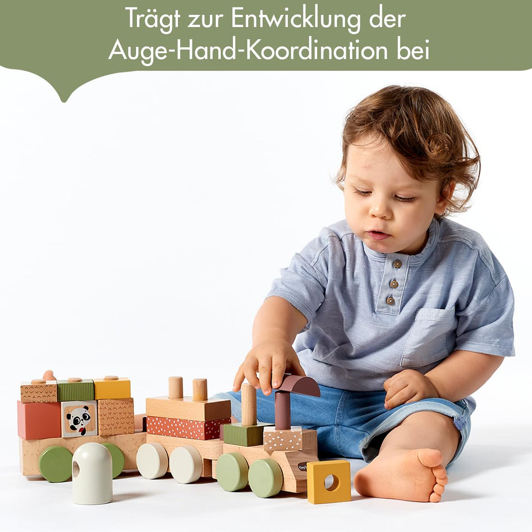 Tiny Love hölzerner Stapelzug, Holzzug Baby, Zug Spielzeug Holz mit 3 Waggons und 14 stapelbaren Spi