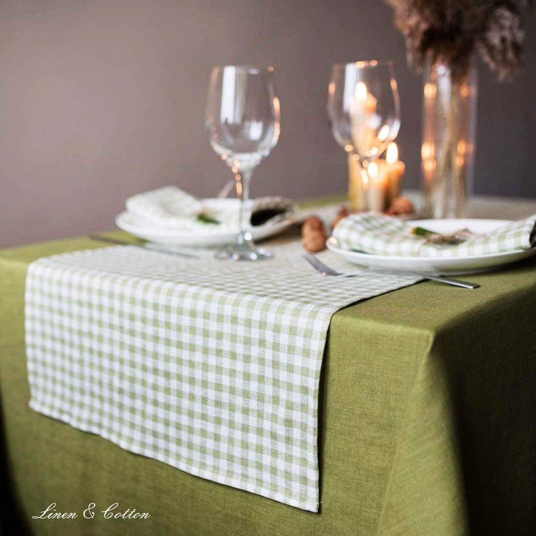 Linen &amp; Cotton Tischläufer Stoff Tischdekoration Tischwäsche Estella - 100% Leinen, Weiss Weiss Grün