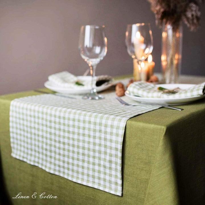 Linen &amp; Cotton Tischläufer Stoff Tischdekoration Tischwäsche Estella - 100% Leinen, Weiss Weiss Grün