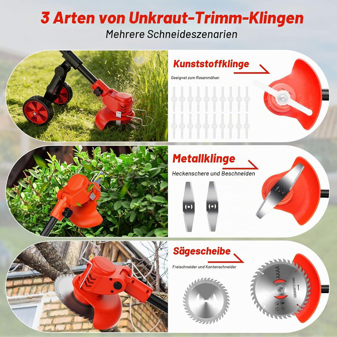 4 in 1 Rasentrimmer mit Akku,Rasenkantenschneider mit 2 × 2,0 Ah Batterie und Ladegerät,90°Drehkopf,