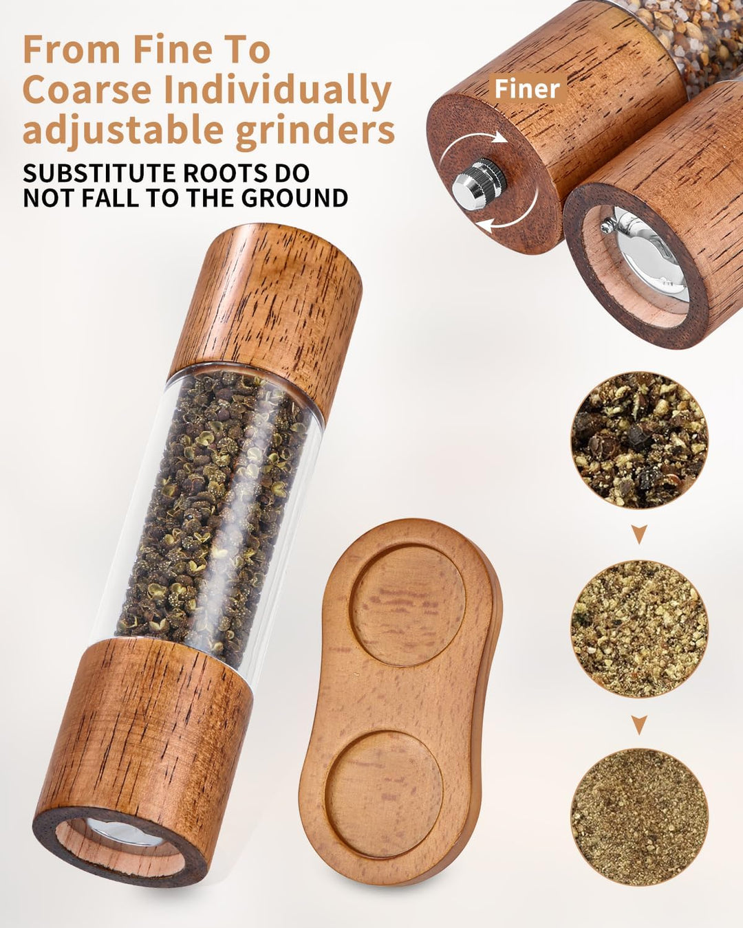 Salz und Pfeffermühle Holz 2er Set, Gewürzmühle mit Keramikmahlwerk, Salz und Pfefferstreuer mit unt