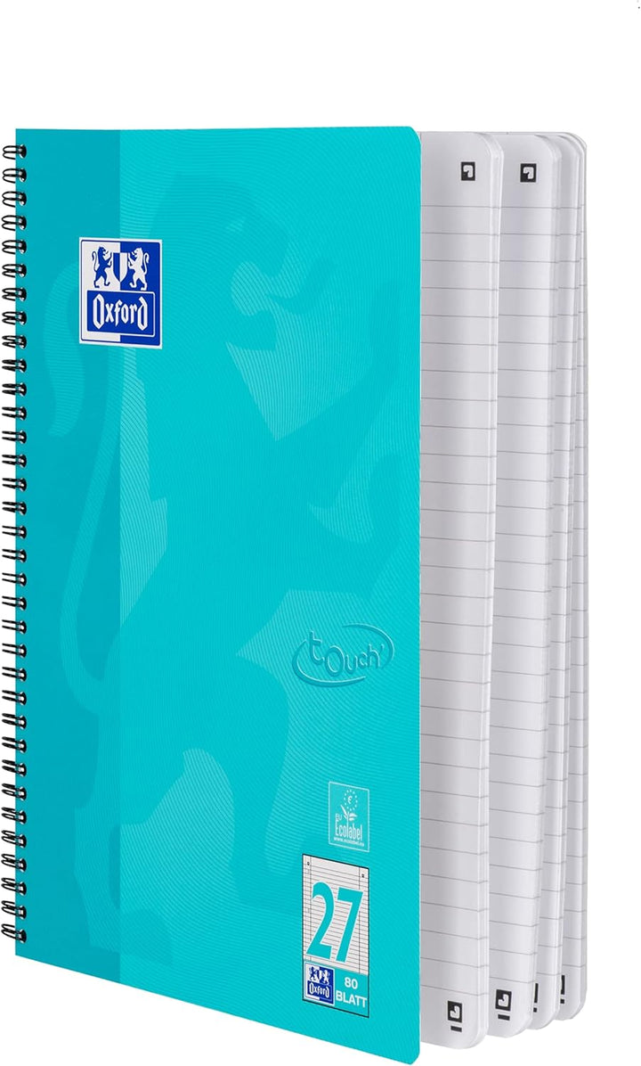 Oxford Touch Collegeblock A4 liniert, mit Doppelrand, 80 Blatt, aqua, 3 Stück liniert, türkis Single