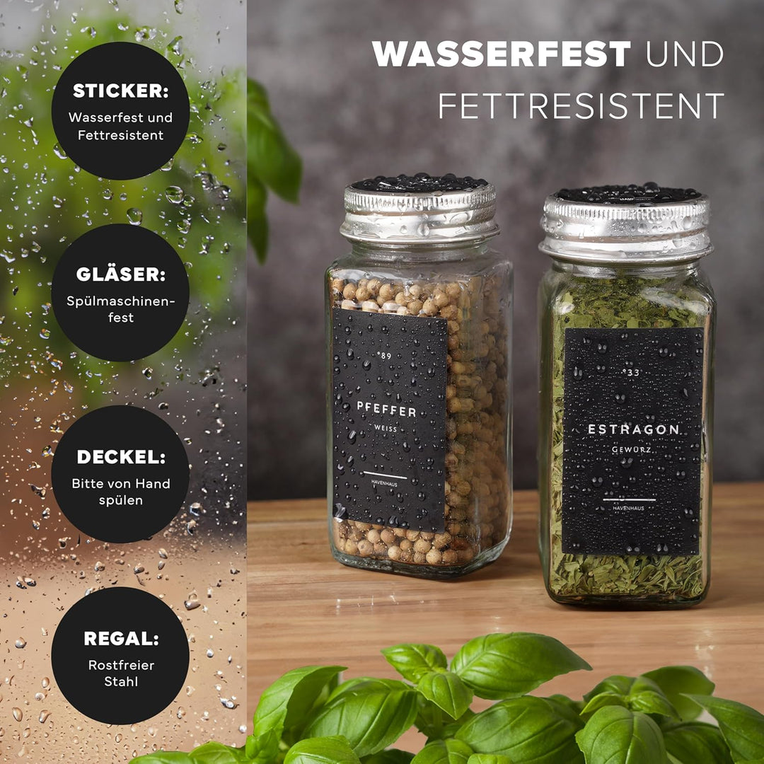 Havenhaus Gewürzregal Set | Gewürzregal stehend inkl. 24 Gewürzgläser + 336 Gewürzetiketten deutsch