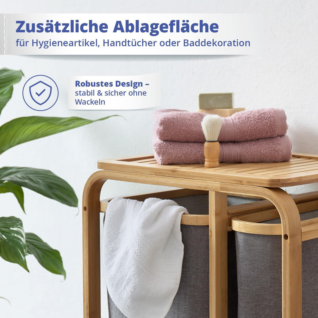 Lumaland Wäschekorb aus Bambus mit 3 ausziehbaren Wäschesäcken | Grösse ca. 71 cm Höhe x 50 cm Breit