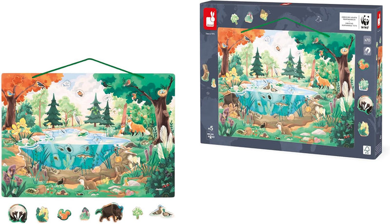 Janod - Magnet-Puzzle Der Teich - 70 Magnete aus FSC-Holz - 1 Erklärungsposter - Lernspiel - Fauna u