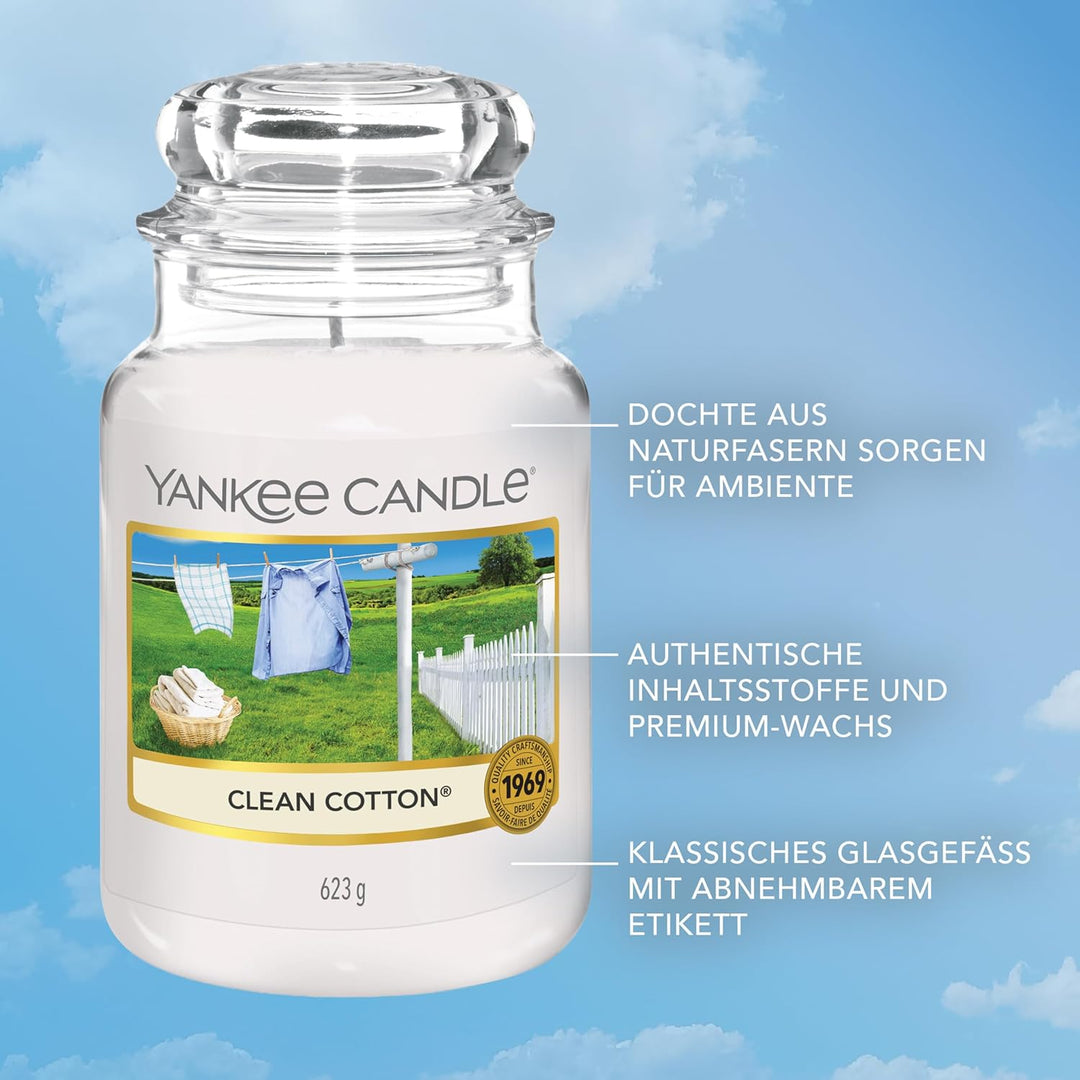 Yankee Candle Duftkerze im Glas (gross) – Clean Cotton – Kerze mit langer Brenndauer bis zu 150 Stun