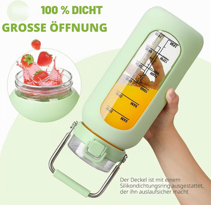 BLUEGO 2000ml Glaswasserflasche mit Edelstahlgriff und Zeitmarkierung 2L Trinkflasche Borosilikatgla