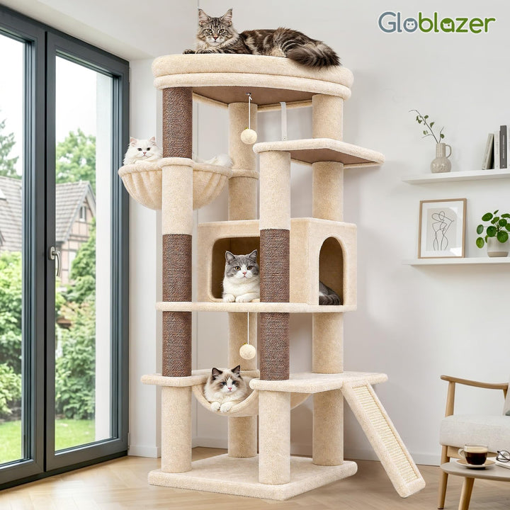 Globlazer Kratzbaum Stabil Beige mit Grosse Loungebereich für 2/3 Katzen S56 | Katzenbaum 143cm Plat