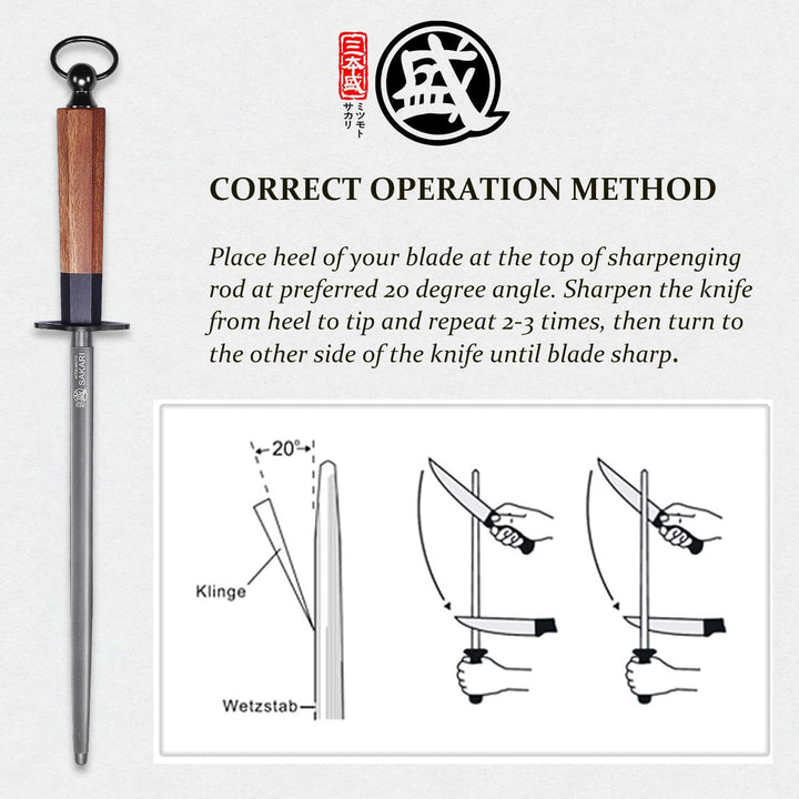 MITSUMOTO SAKARI 44 cm Japanischer Professioneller Messerschärfer Stab, Wetzstab aus Hochwertigen Di