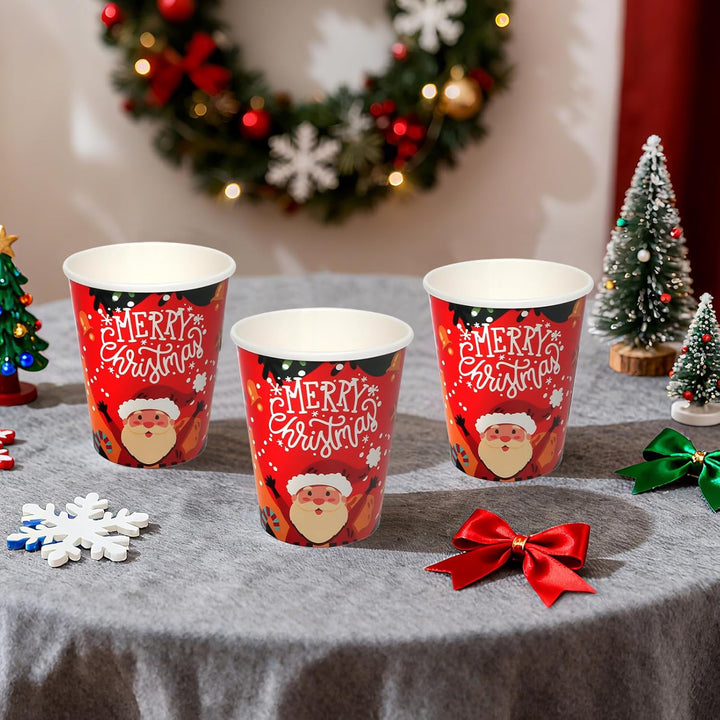 60 Stück Pappbecher WeihnachtsRot 9oz Party Tischdeko mit Cartoon Weihnachtsmann und Merry Christmas