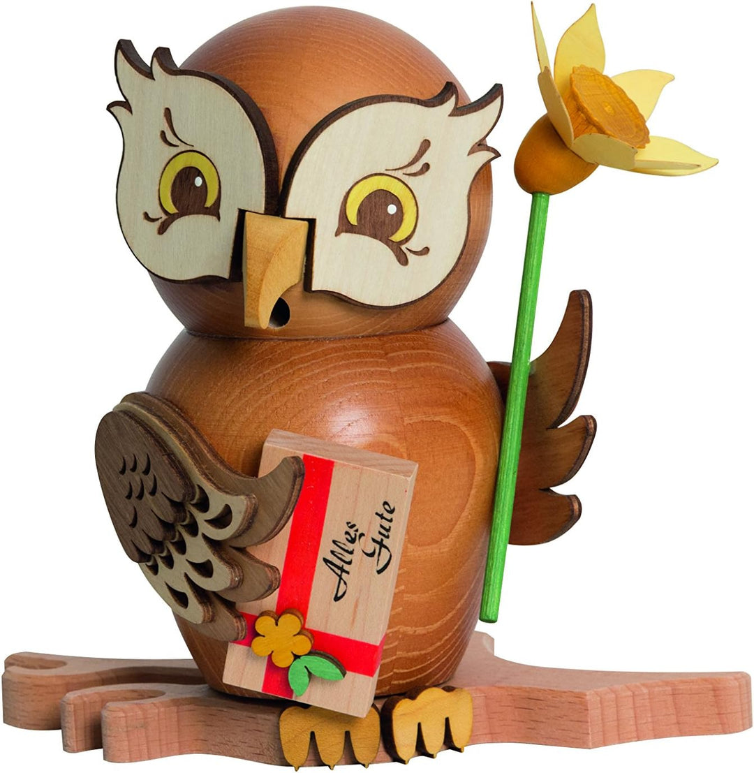 Drechslerei Kuhnert - Rauchfigur/ Räucherfigur - Eule "Gratulant" aus Massivholz - ca. 15 cm - Made