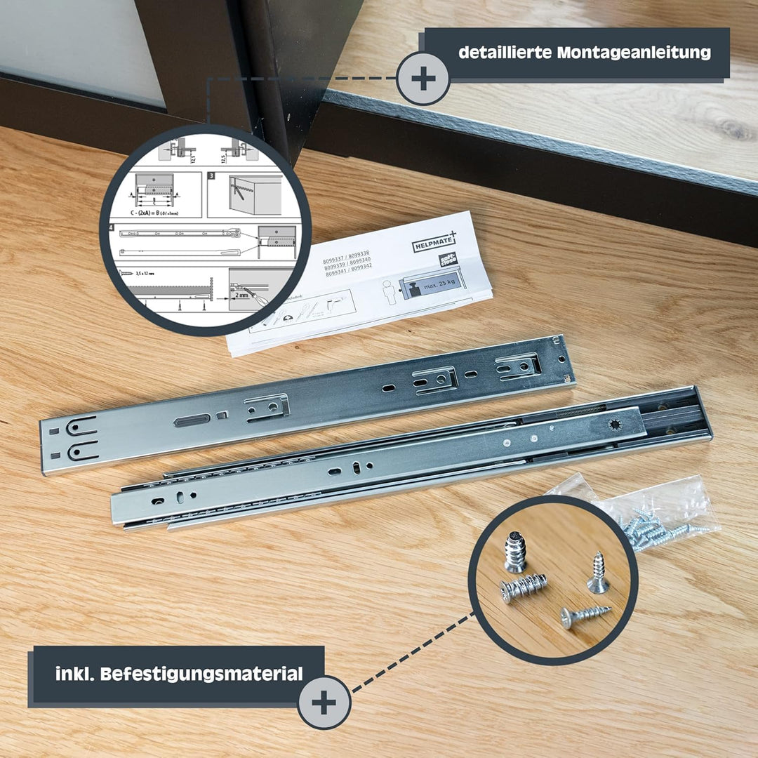 HELPMATE Schubladenschienen Vollauszug 300 mm 2 Paar 4er Set Kugelvollauszüge 35 kg Traglast Schubla