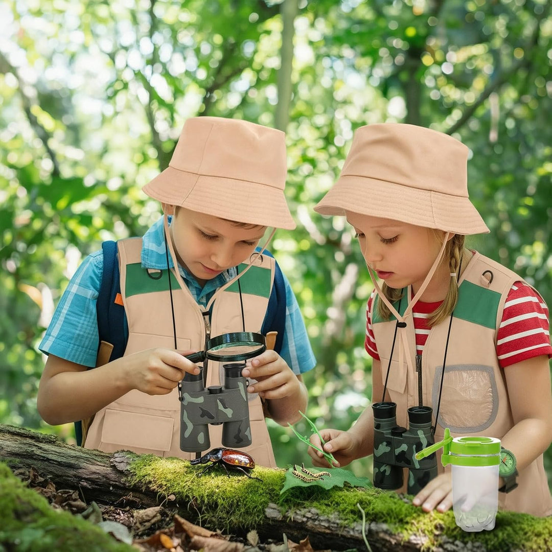 Forscherset für Kinder, 11Pcs Safari Kostüm mit Entdeckerhut Weste Fernglas Kinder Schmetterlingsnet