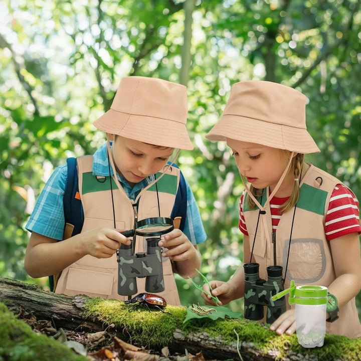 Forscherset für Kinder, 11Pcs Safari Kostüm mit Entdeckerhut Weste Fernglas Kinder Schmetterlingsnet