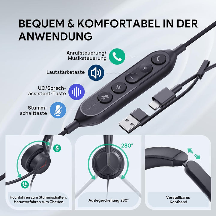 Yealink UH44 Kabelgebundenes Headset Mono PC Headset mit 2 Mikrofon Geräuschunterdrückung USB-C/A fü