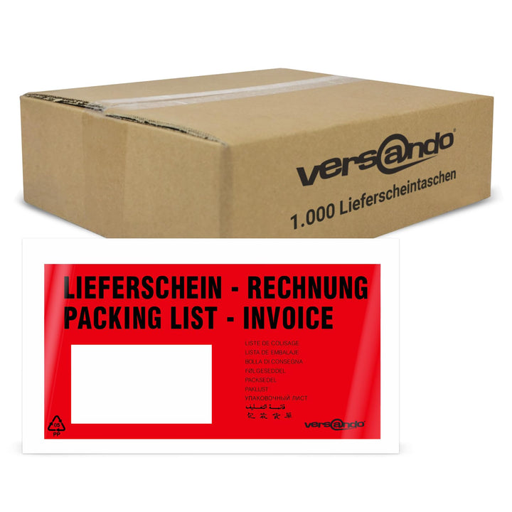 versando 1000 Lieferscheintaschen DIN lang selbstklebend Dokumententaschen Begleitpapiertaschen rot/