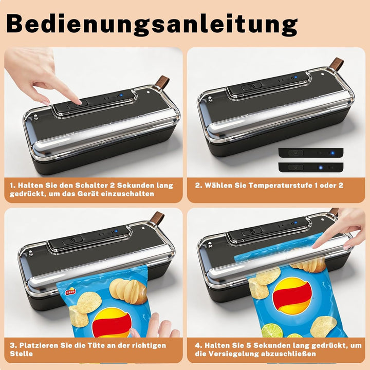 Mini Folienschweissgerät, 2 in 1 Bag Sealer mit Cutter, 2-Stufen Siegelung, Wiederaufladbar, Auto-Of