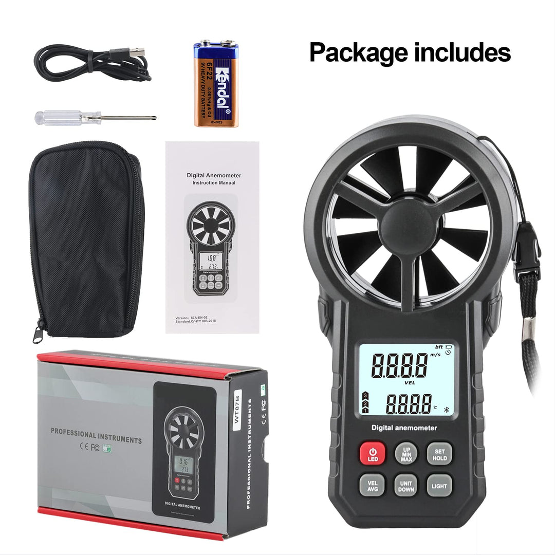 Digitaler Windmesser Anemometer, tragbarer Luftdurchflussmesser mit USB und Bluetooth, CFM-Messgerät