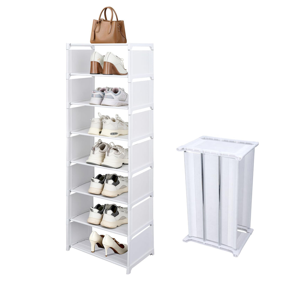 8 Ebenen Schuhregal Schmal Weiss, Platzsparendes DIY Regalsystem für Kleiderschrank & Büro, Hoch Sch