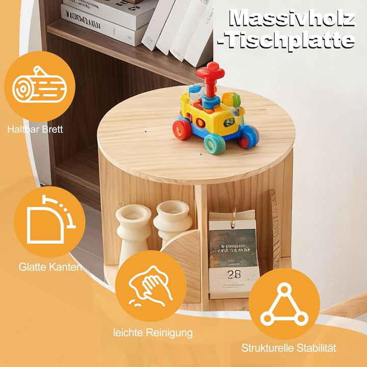 Mingone Bücherregal Kinder 360° Drehbar, 2-Ebenen Drehregal aus Massivholz, Standregal & Schreibtisc