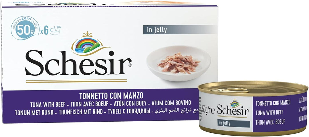 Schesir Cat Jelly Thunfisch mit Rind, Katzenfutter nass in Gelee, 8 x 6 Dosen x 50 g Thunfisch mit R