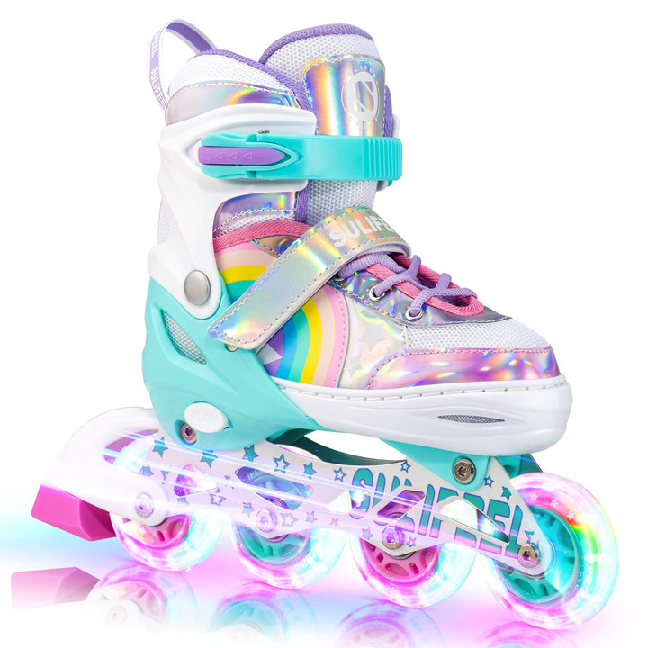 SULIFEEL Rainbow Unicorn Verstellbare Schwarz Rollschuhe für Kinder mit Leuchtenden Rädern für Junge