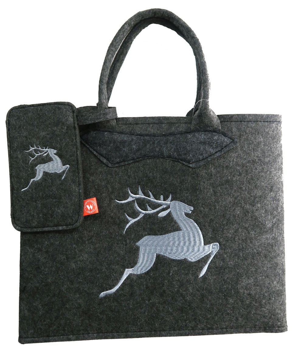 Witzgall Filztasche grau mit Hirsch und Handytasche 38x20x30 cm Trachtentasche