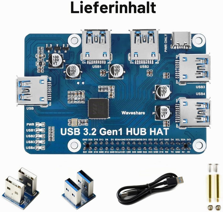 Waveshare USB 3.2 Gen1 HUB HAT for Raspberry Pi 4 with 4X USB 3.2 Gen1 Ports Up to 5 Gbps Data Rate