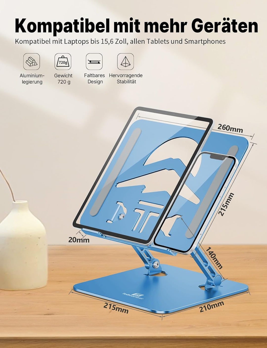 Ergonomischer Laptop Ständer aus Aluminium, Höhenverstellbar &amp; Faltbar, Stabil &amp; Rutschfest, Verbess