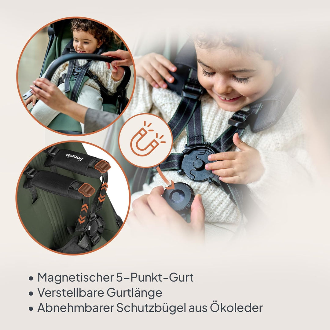 Lionelo Buggy Bess bis 22 kg von 6 Monaten bis 4 Jahren 360°-PU-Schwenkräder, Einhand-Klappfunktion,