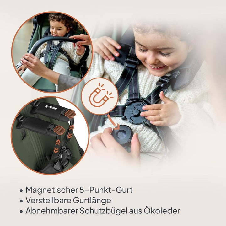 Lionelo Buggy Bess bis 22 kg von 6 Monaten bis 4 Jahren 360°-PU-Schwenkräder, Einhand-Klappfunktion,
