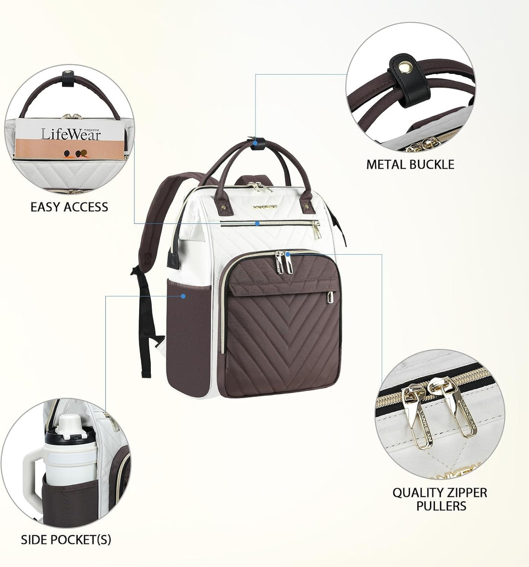VANKEAN 15.6 Zoll Laptop-Rucksack für Damen Herren, Beige-Kaffee | Computer Arbeitstasche, Grosse Ka