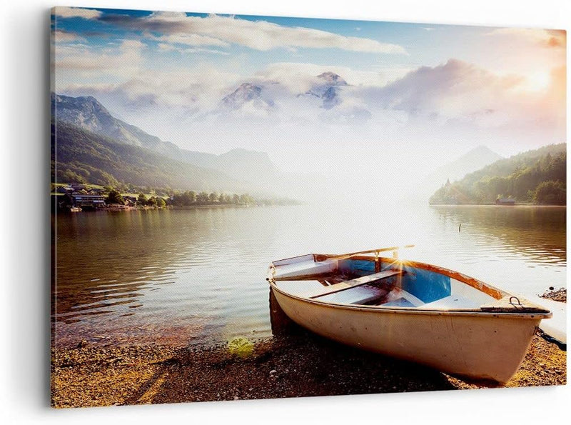 Bilder auf Leinwand 100x70cm Leinwandbild mit Rahmen Berge See Boot Gross Wanddeko Bild Schlafzimmer