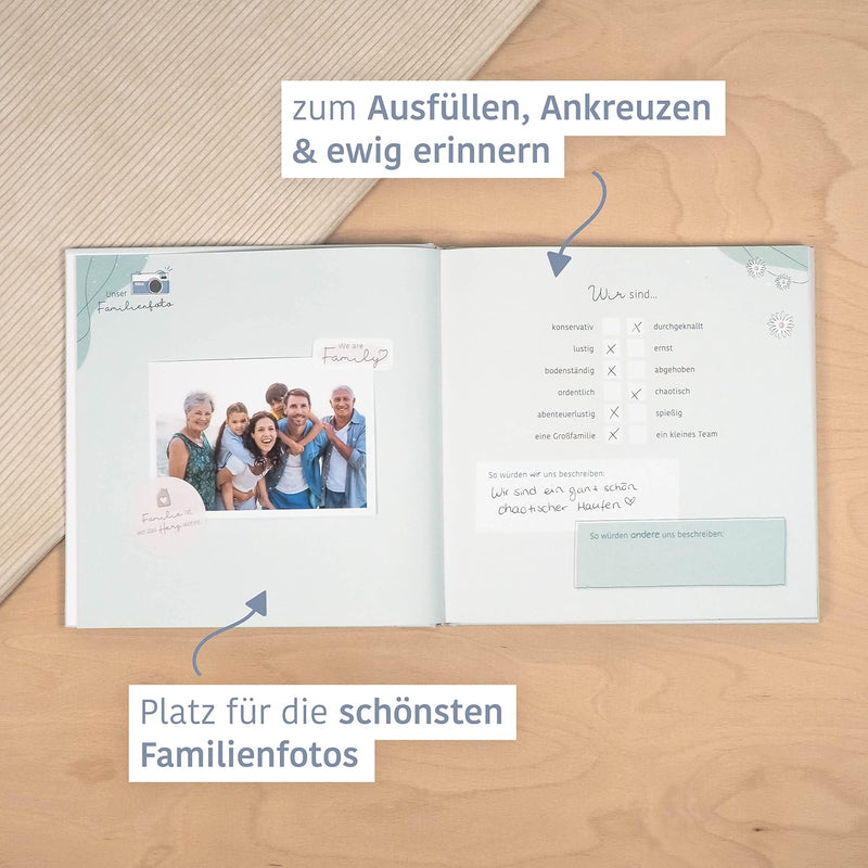 mintkind® "Unsere Familie" Erinnerungsalbum I Familien Geschenk I Familien-Buch zum ausfüllen | Foto