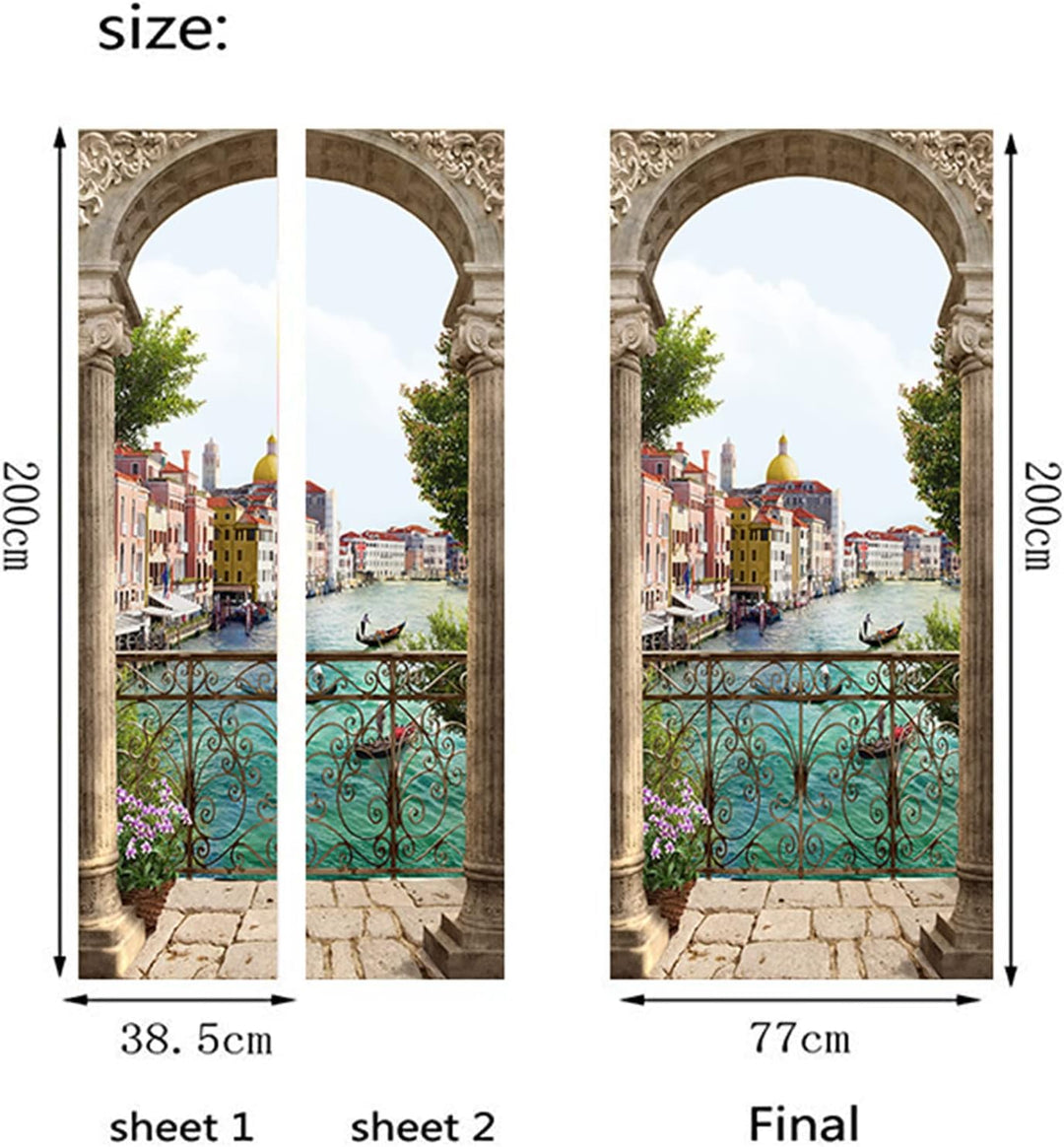 FLFK 3D Italien Flussseitenstadt Wohnzimmer Türtapete Wandbilder Selbstklebend Tür Poster Vinyl Entf