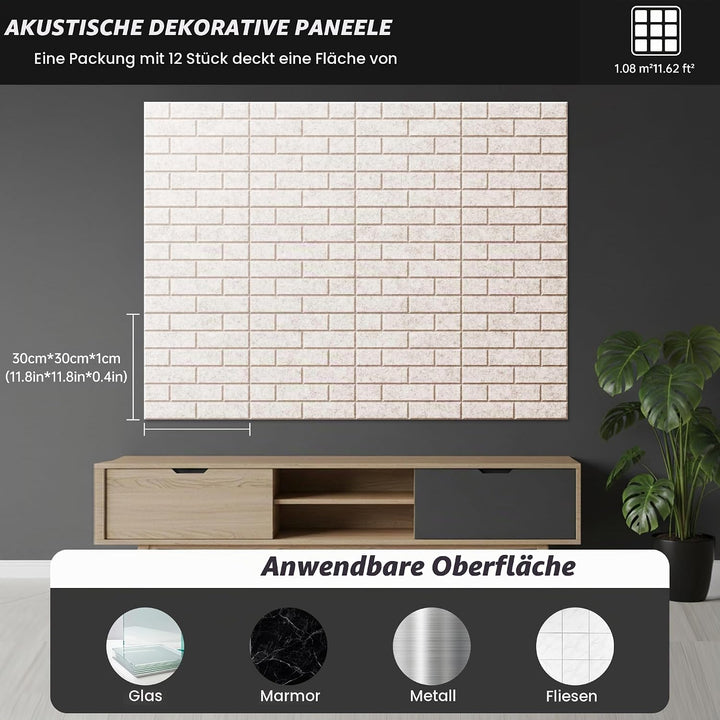 12-Piece Set Akustikpaneele, hochdichte quadratische Akustikfliesen, 12"×12"×0.4"grosse, ziegelstein