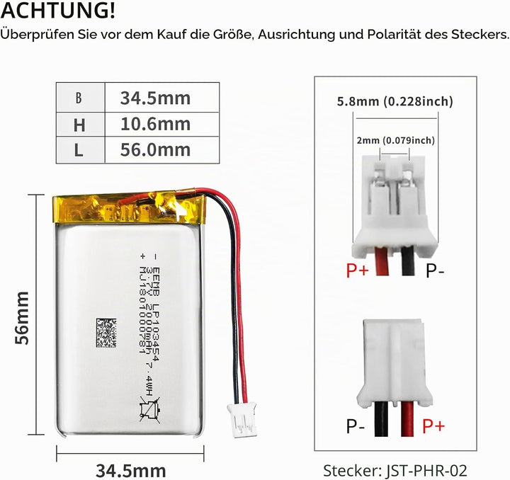 EEMB Lithium Polymer Akku 3,7 V 2000mAh 103454 Wiederaufladbarer Lipo-Akku mit JST-Anschluss – bestä