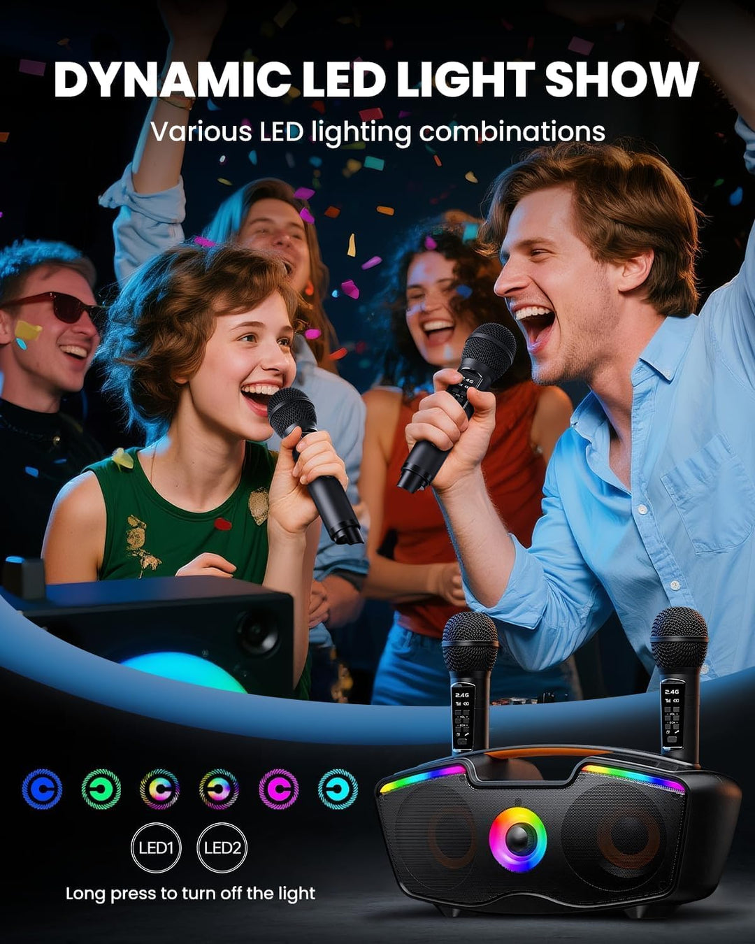 Bluetooth-Karaoke-Maschine für Erwachsene und Kinder, Tragbarer 80-W-Lautsprecher mit 2 Kabellosen M
