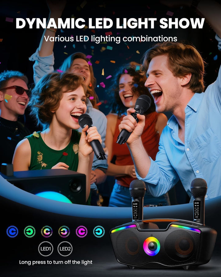 Bluetooth-Karaoke-Maschine für Erwachsene und Kinder, Tragbarer 80-W-Lautsprecher mit 2 Kabellosen M