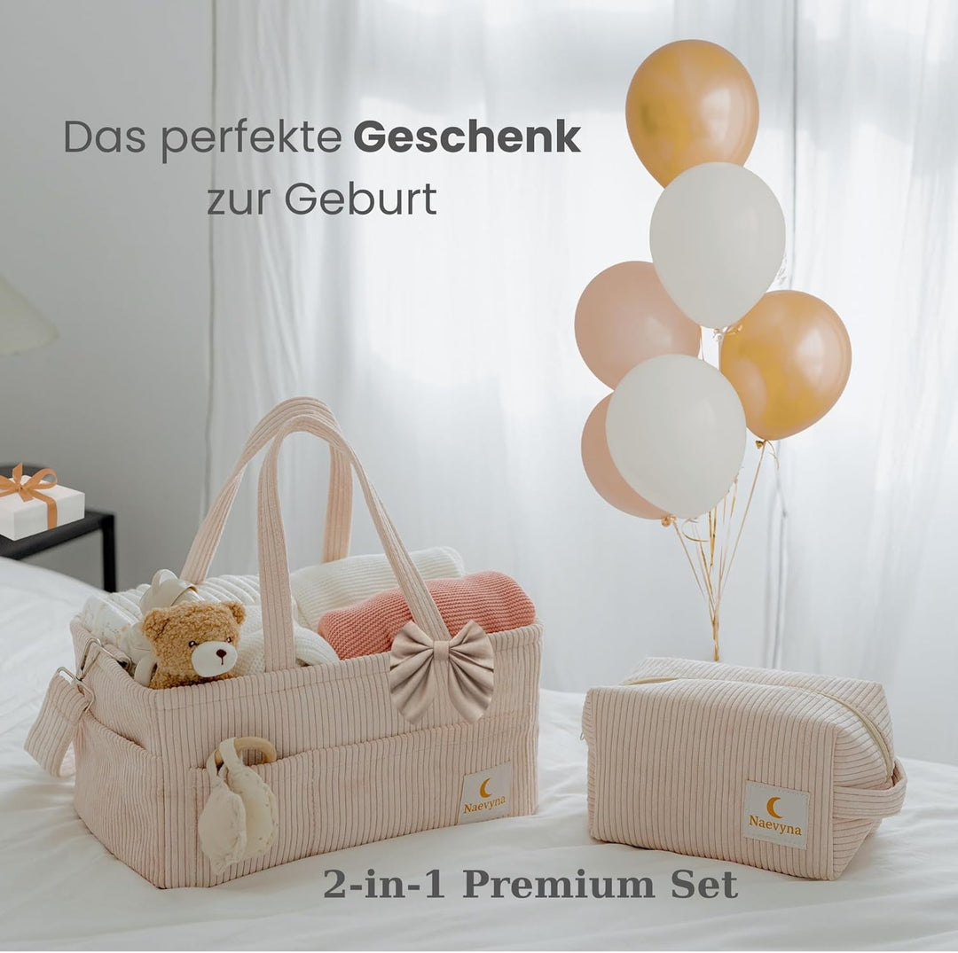 Wickelkorb Organizer aus Cord Set 2 in 1 mit Schultergurt und Windeltasche – Wickeltisch Organizer B