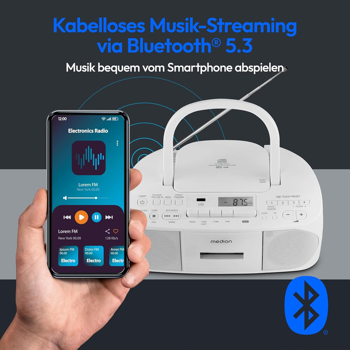 MEDION E65010 Stereoradio (CD-Player, Kassette, USB Anschluss, AUX Audioeingang, MP3-Widergabe. UKW